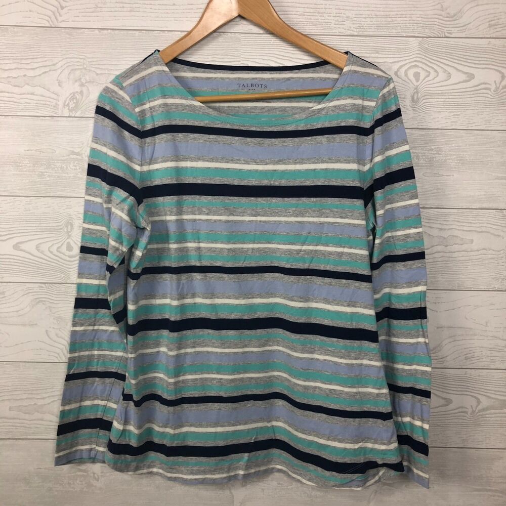 Talbots Women's Medium Striped Long Sleeve Tee Shirt Cotton Blend Scoop Neck